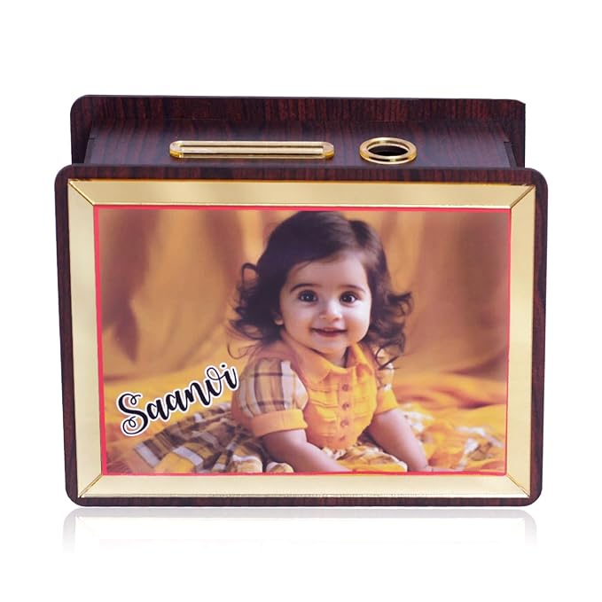 Gifts Wooden Photo Money Bank Saving Box/Piggy Bank for Adults & Kids Perfect for Savings Challenges, Birthdays, and Gifts 20 x 15 cm, Brown and Gold (Customized)