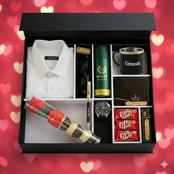 Valentine Personalized Luxury Gift Hamper with Shirt, Wallet, Watch, Perfume, Mug, Chocolates & Accessories