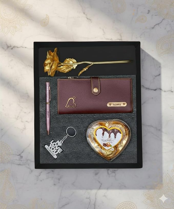 Personalized Gift for Women with Name Wallet, Golden Rose, Pen, Keychain