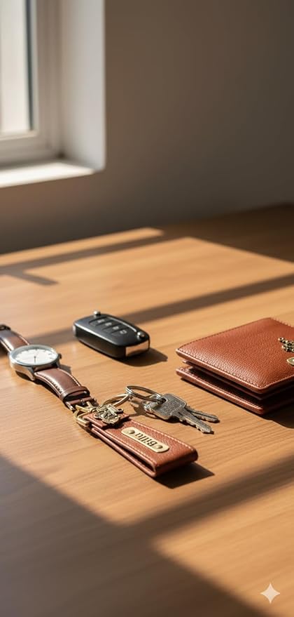 Customised Engraved Keychain with Name | Gift Hamper Set for Men Leather Keychain