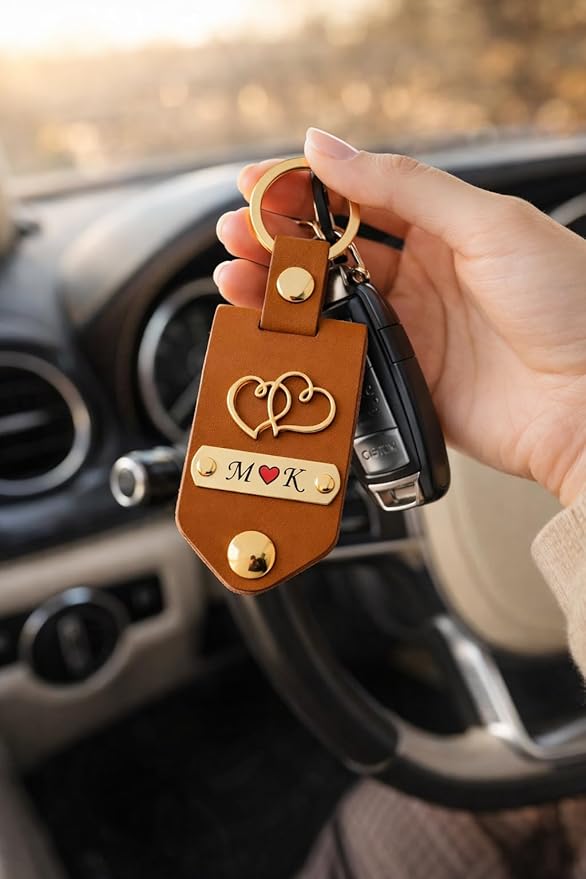 Personalized Leather Photo Keychain with Custom Name & Initials