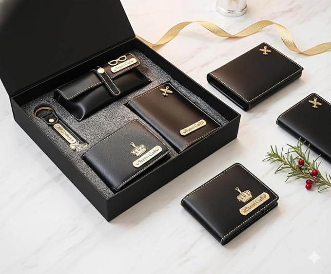 Your Name Customized Leather Unisex Passport Holder, Sunglasses Cover and Men's Wallet with Key Chain, Gifts, Personalized Gifts (Black)