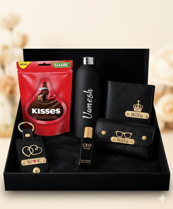Personalized Men’s Gift Box Set with Wallet, Sunglasses Cover, Keychain, Bottle, Perfume & Chocolate