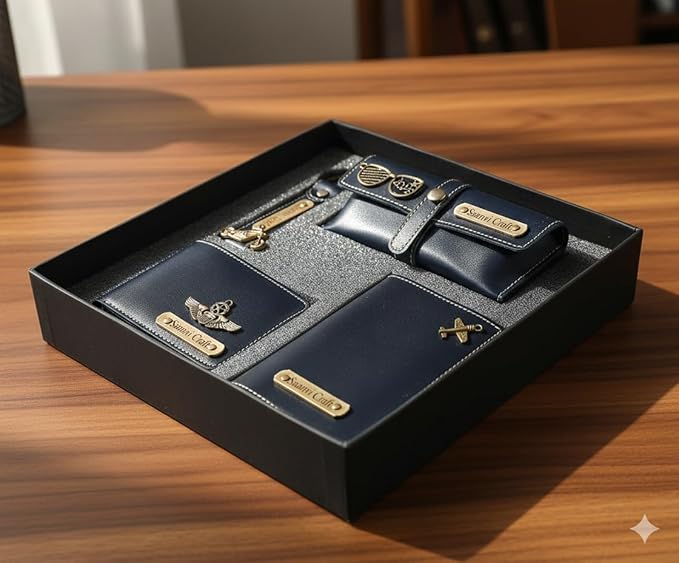 Your Name Customized Leather Unisex Passport Holder, Sunglasses Cover and Men's Wallet with Key Chain, Gifts, Personalized Gifts (Blue)