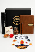 Diwali Gift Hamper - Personalized Dairy Pen, Insulated Bottle, Deepak Design, Chocolate, Golden Acrylic Laser-Cut 'Happy Diwali' Sticker, Cashew Almond Christmas Mix in Glass Bottle – Perfect Festive Gift Box (Brown)