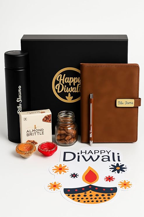 Diwali Gift Hamper - Personalized Dairy Pen, Insulated Bottle, Deepak Design, Chocolate, Golden Acrylic Laser-Cut 'Happy Diwali' Sticker, Cashew Almond Christmas Mix in Glass Bottle – Perfect Festive Gift Box (Brown)