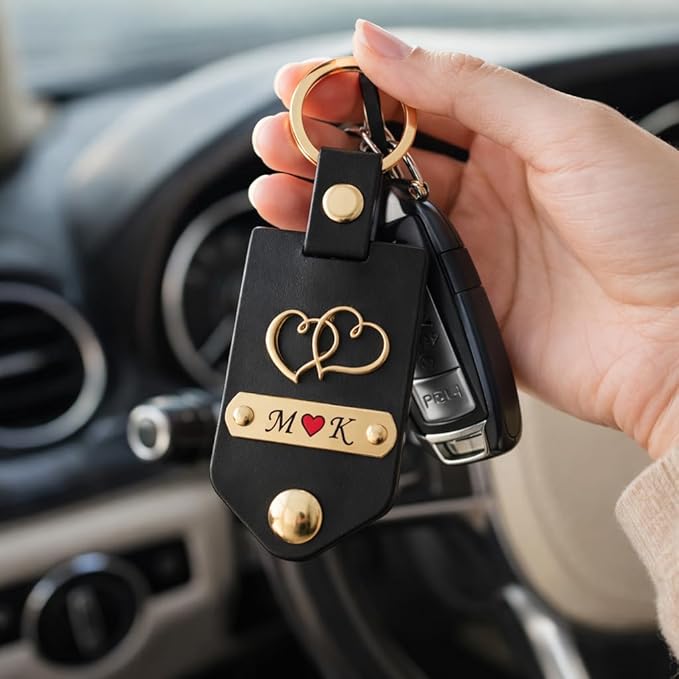 Personalized Leather Photo Keychain with Custom Name & Initials |
