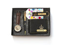 Gift set with watch, pen, keychain, and wallet in a box on a white background