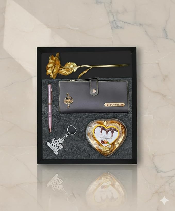 Personalized Gift for Women with Name Wallet, Golden Rose, Pen, Keychain