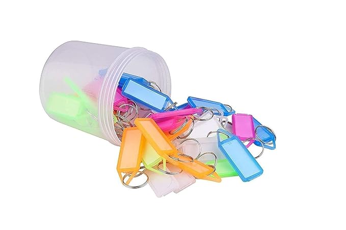 Multicolor Plastic Key Tags with Protective Cover – 4 Inch Keychain Labels with Split Ring, Easy Insert ID Slot, Assorted Colors (Pack of 50)