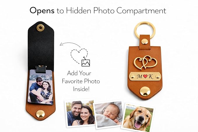 Personalized Leather Photo Keychain with Custom Name & Initials