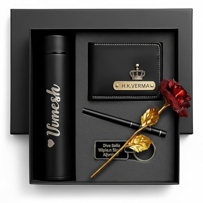 Personalized Luxury Men’s Gift Set – Customized Wallet, Name Bottle, Pen, Keychain & Artificial Rose