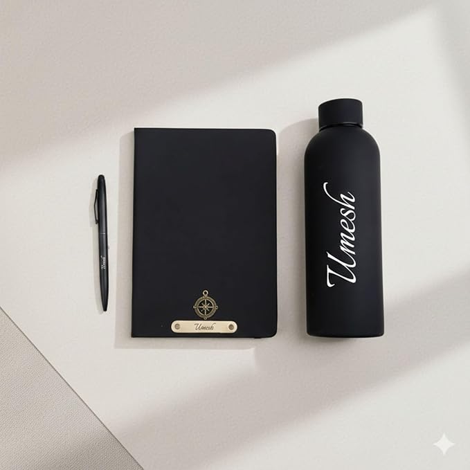 Personalized Black Gift Set with Name | Custom Diary with Metal Name Plate, Matte Black Water Bottle & Pen