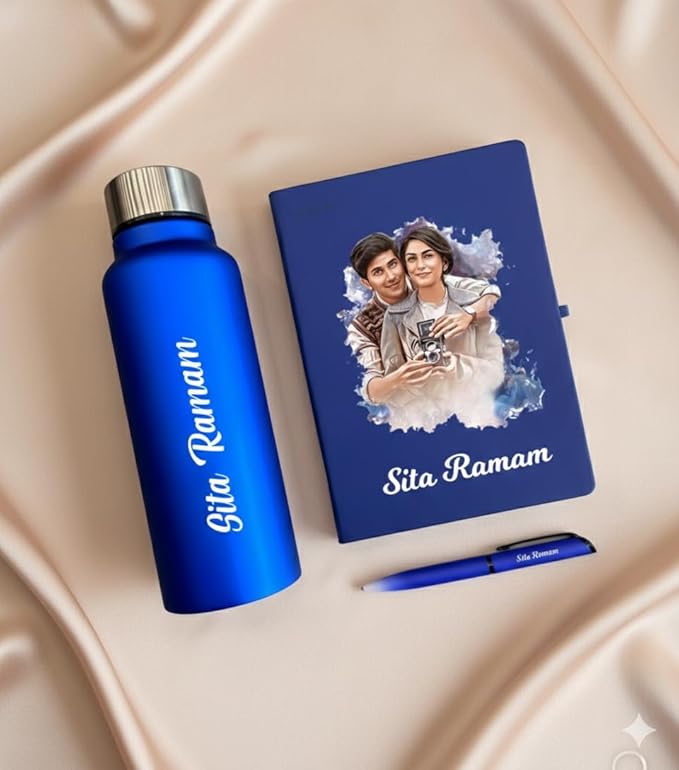 Personalized Gift Set with Custom Name & Photo – Water Bottle, Photo Printed Diary & Pen Combo