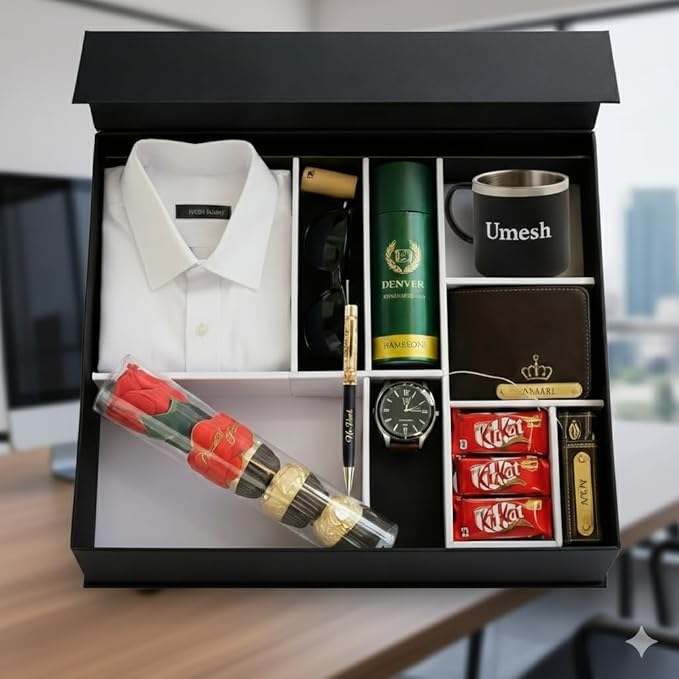 Valentine Personalized Luxury Gift Hamper with Shirt, Wallet, Watch, Perfume, Mug, Chocolates & Accessories