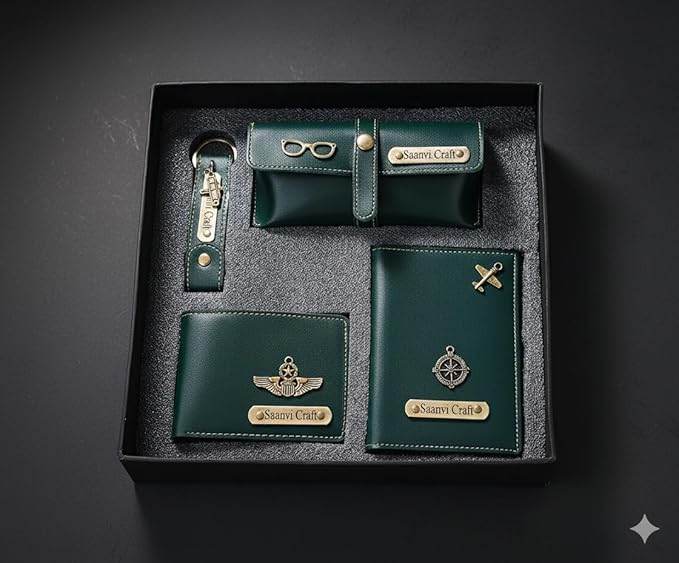 Your Name Customized Leather Unisex Passport Holder, Sunglasses Cover and Men's Wallet with Key Chain, Gifts, Personalized Gifts (Green)