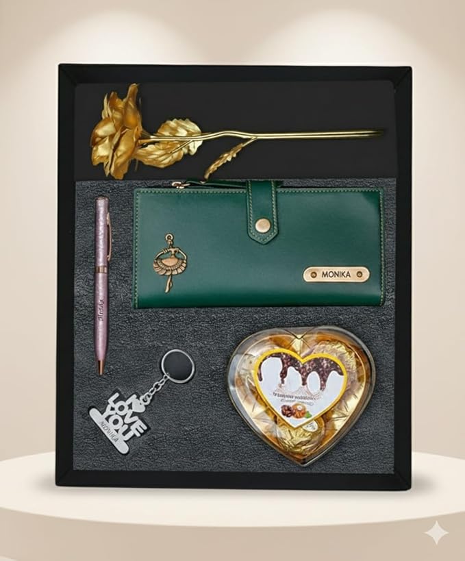Personalized Gift for Women with Name Wallet, Golden Rose, Pen, Keychain