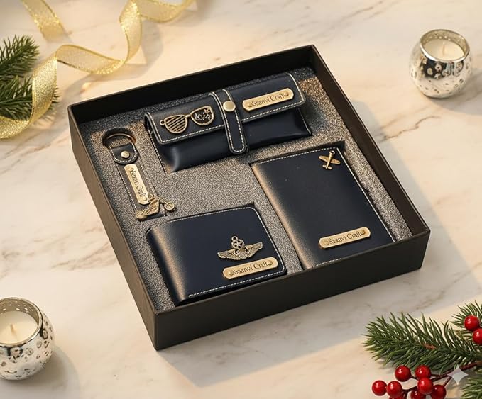 Your Name Customized Leather Unisex Passport Holder, Sunglasses Cover and Men's Wallet with Key Chain, Gifts, Personalized Gifts (Blue)