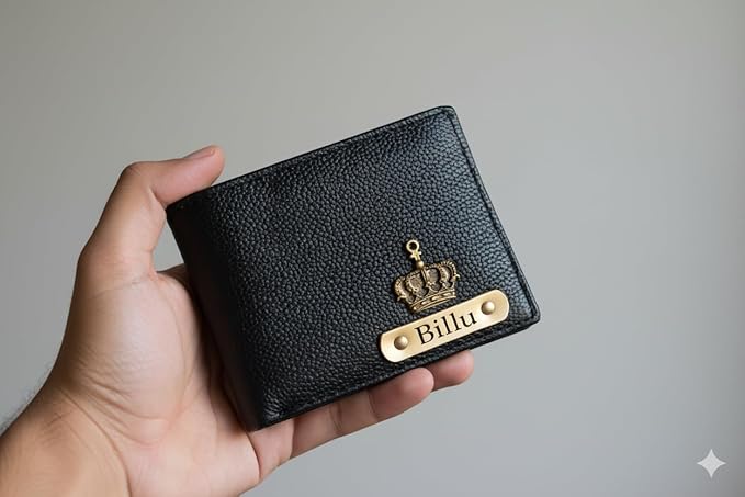 Customised Engraved Wallet with Name | Gift Hamper Set for Men Leather Purse (Black)