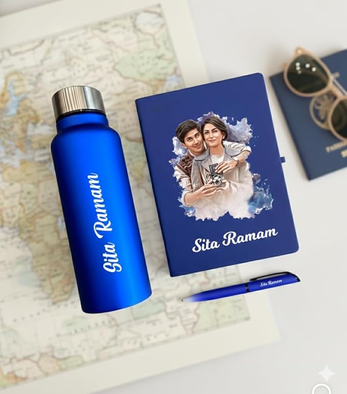Personalized Gift Set with Custom Name & Photo – Water Bottle, Photo Printed Diary & Pen Combo
