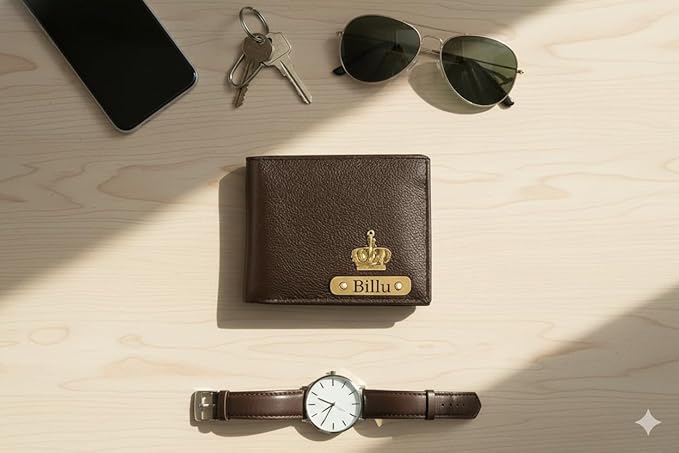 Customised Engraved Wallet with Name | Gift Hamper Set for Men Leather Purse (Brown)