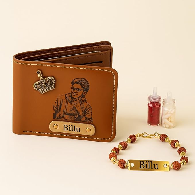 Your Name Customized Leather Men's Wallet with Name Rakhi, Personalized Gifts