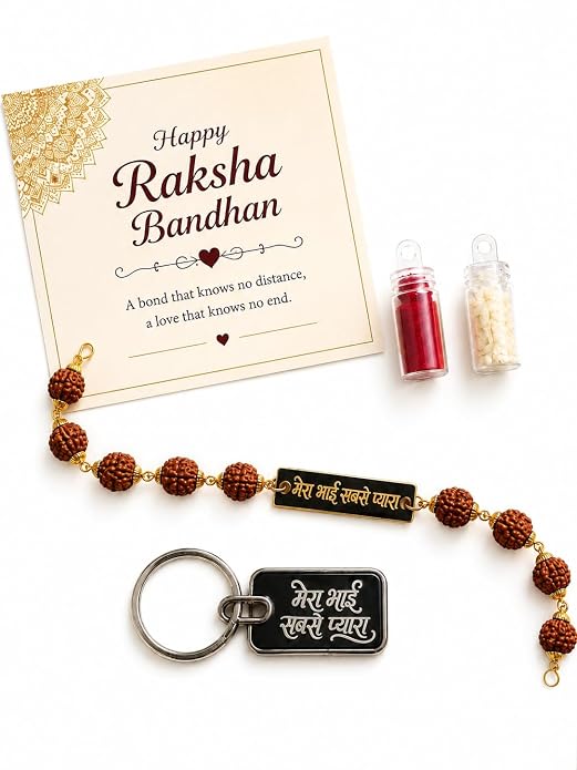 Customized Name Rakhi & Keychain Combo for Brother – Rudraksha Rakhi with Custom Name Plate and Keychain | Raksha Bandhan Gift Set with Roli Chawal & Greeting Card