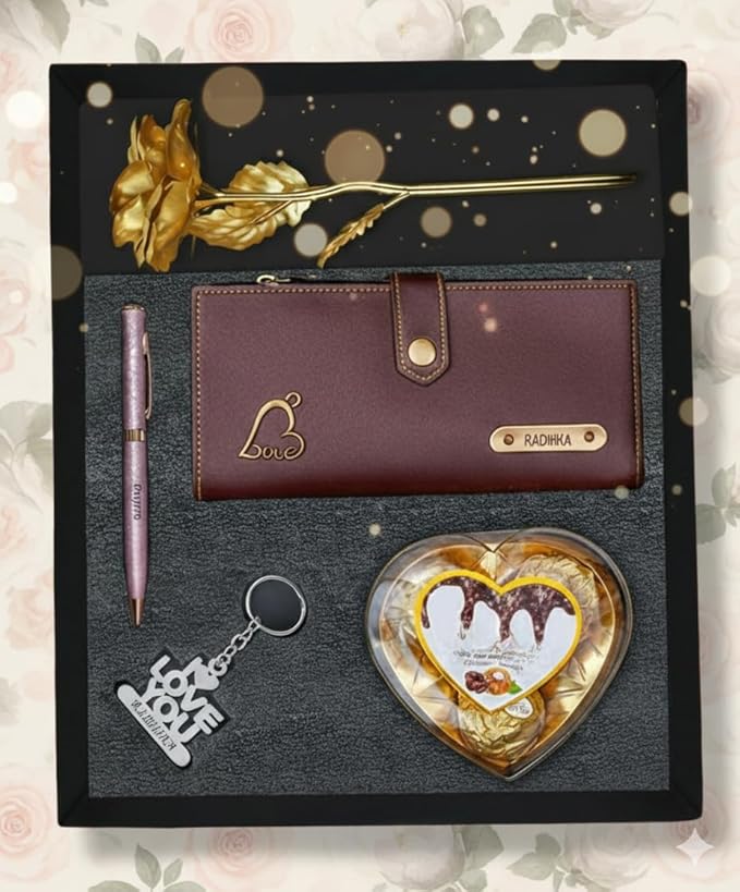 Personalized Gift for Women with Name Wallet, Golden Rose, Pen, Keychain