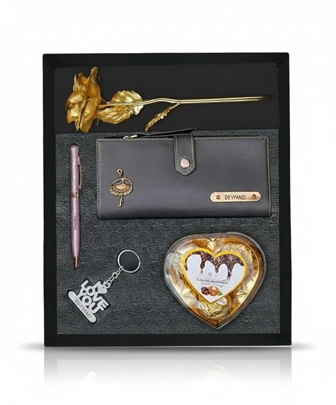 Personalized Gift for Women with Name Wallet, Golden Rose, Pen, Keychain