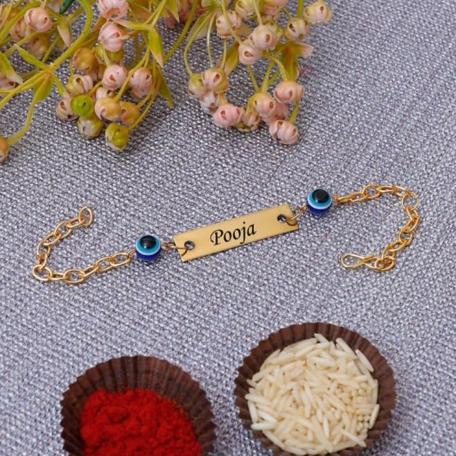 Custom Engraved Brass Rakhi Bracelet with Evil Eye & Rudraksha Beads | Personalized Name Rakhi for Men & Women | Adjustable Raksha Bandhan Gift