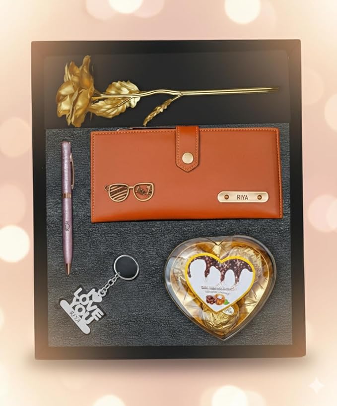 Personalized Gift for Women with Name Wallet, Golden Rose, Pen, Keychain