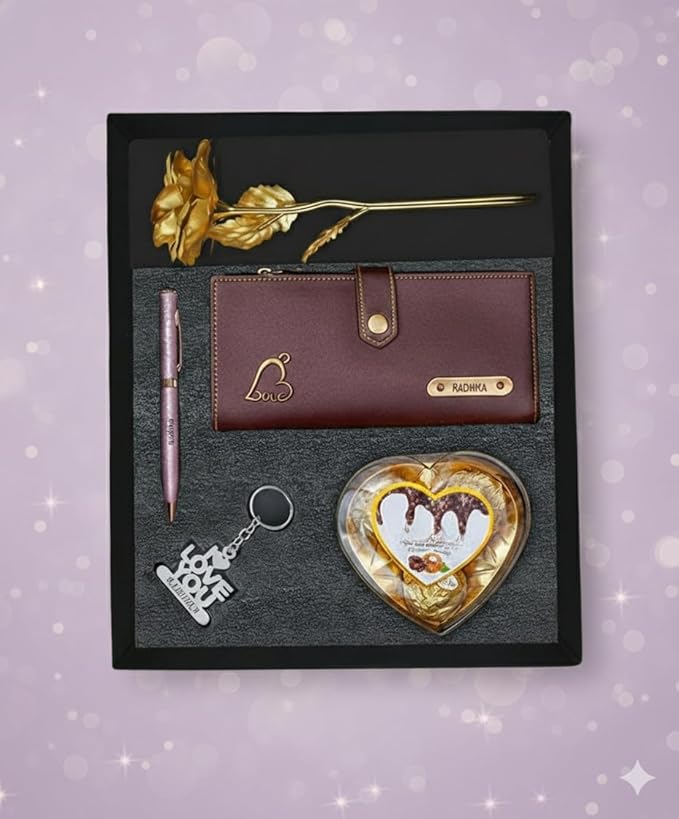 Personalized Gift for Women with Name Wallet, Golden Rose, Pen, Keychain