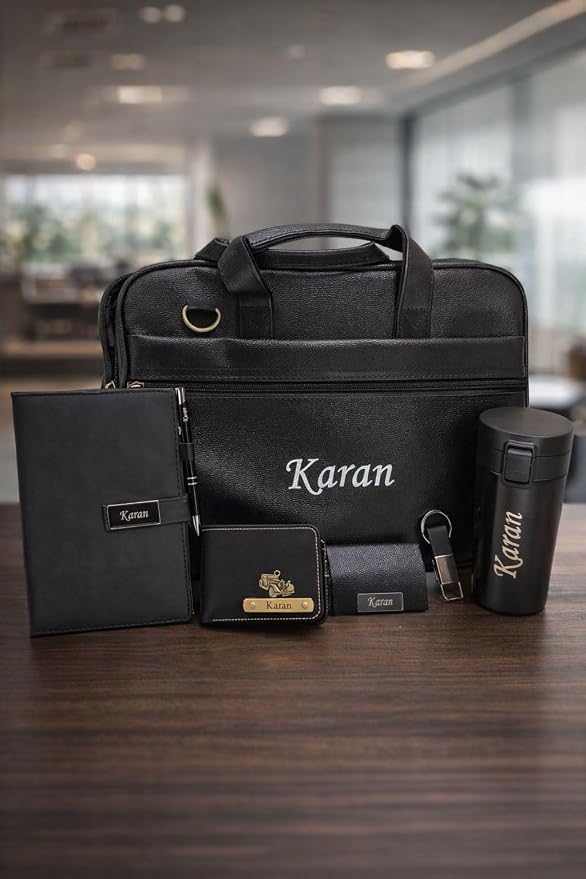 Customized Gift Set for Men with Name Engraved | Laptop Bag Combo with Diary, Pen, Wallet, Card Holder, Keychain & Bottle | Personalized Gift Hamper for Birthday, Anniversary & Corporate Gifts