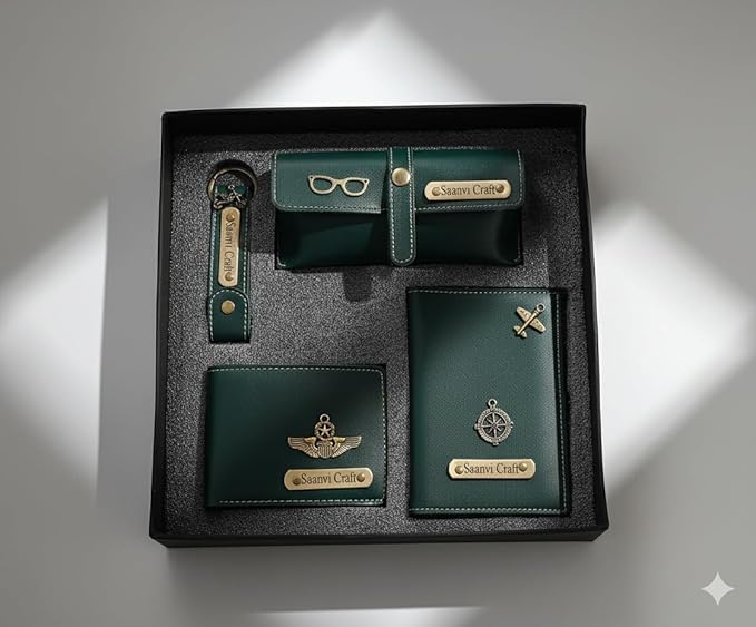 Your Name Customized Leather Unisex Passport Holder, Sunglasses Cover and Men's Wallet with Key Chain, Gifts, Personalized Gifts (Green)