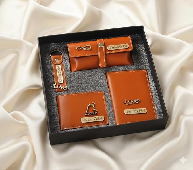 Your Name Customized Leather Unisex Passport Holder, Sunglasses Cover and Men's Wallet with Key Chain, Gifts, Personalized Gifts (Tan)