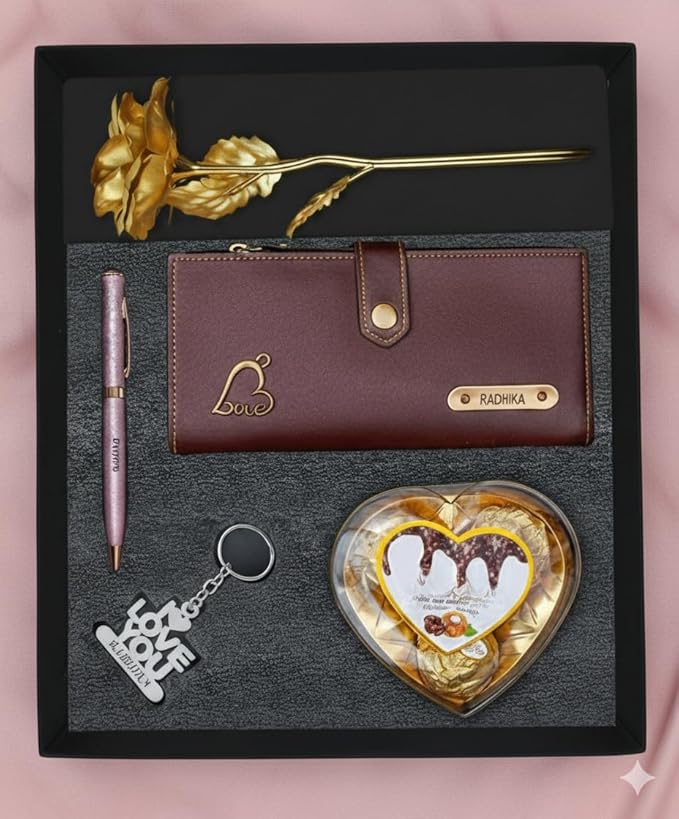 Personalized Gift for Women with Name Wallet, Golden Rose, Pen, Keychain