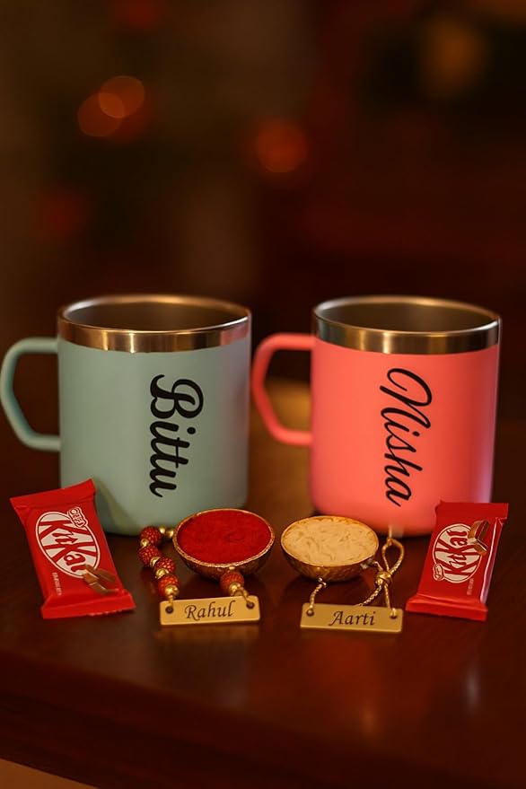 Personalized Gift Combo Custom Name Black Steel Mug & Rudraksha Rakhi with Name