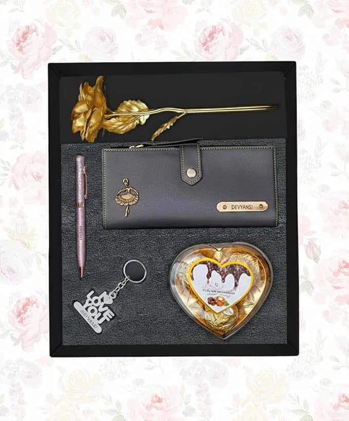 Personalized Gift for Women with Name Wallet, Golden Rose, Pen, Keychain