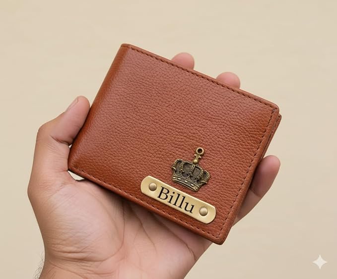 Customised Engraved Wallet with Name | Gift Hamper Set for Men Leather Purse (Tan)