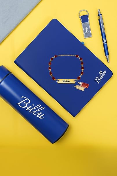 Your Name Customized Personalized 5 in 1 Engraved Steel Bottle with Rakhi, Notebook, Pen and Metal Keychain for Office - School, Gifts