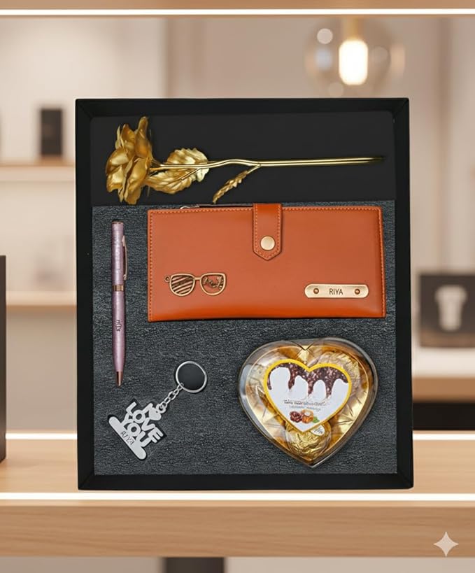 Personalized Gift for Women with Name Wallet, Golden Rose, Pen, Keychain