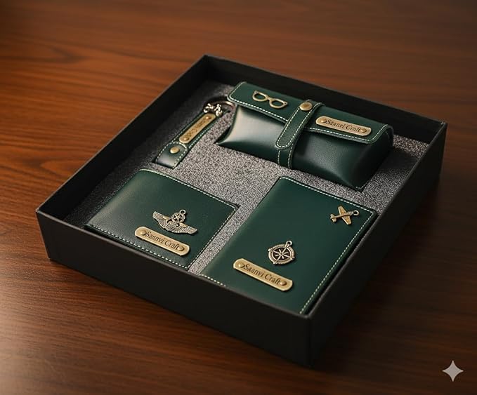 Personalized 4 in 1 Ladies Purse/Clutch, Passport Cover with Eye Wear Case, and Metal Keychain Combo - Unisex Combo Accessories, Return Gifts, Birthday Gifts (Green)
