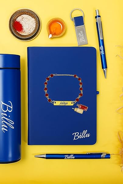 Your Name Customized Personalized 5 in 1 Engraved Steel Bottle with Rakhi, Notebook, Pen and Metal Keychain for Office - School, Gifts