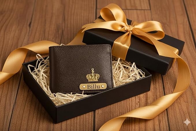 Customised Engraved Wallet with Name | Gift Hamper Set for Men Leather Purse (Brown)