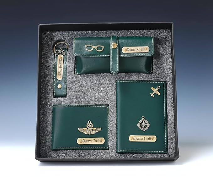 Personalized 4 in 1 Ladies Purse/Clutch, Passport Cover with Eye Wear Case, and Metal Keychain Combo - Unisex Combo Accessories, Return Gifts, Birthday Gifts (Green)
