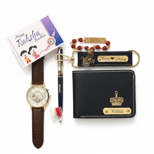 Personalized rudraksha Rakhi Bracelet with Name for Brother, Customized ID Bracelet with Rudraksha Beads, Gold (Rakhi Set-06)