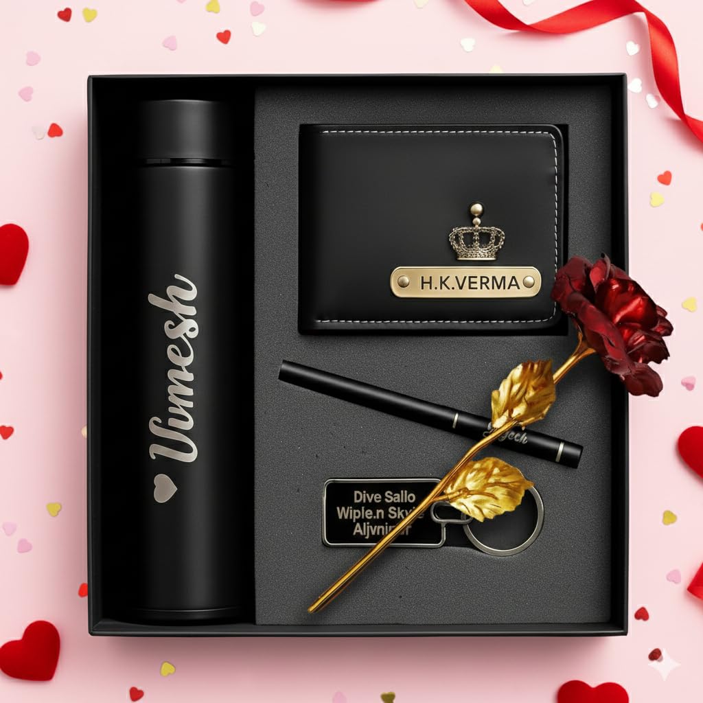 Personalized Luxury Men’s Gift Set – Customized Wallet, Name Bottle, Pen, Keychain & Artificial Rose