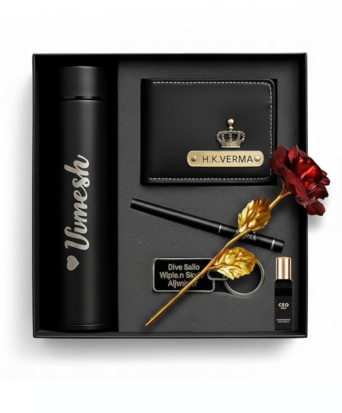 Personalized Luxury Men’s Gift Set – Customized Wallet, Name Bottle, Pen, Keychain & Perfume