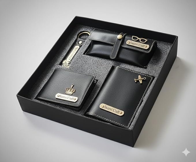 Your Name Customized Leather Unisex Passport Holder, Sunglasses Cover and Men's Wallet with Key Chain, Gifts, Personalized Gifts (Black)