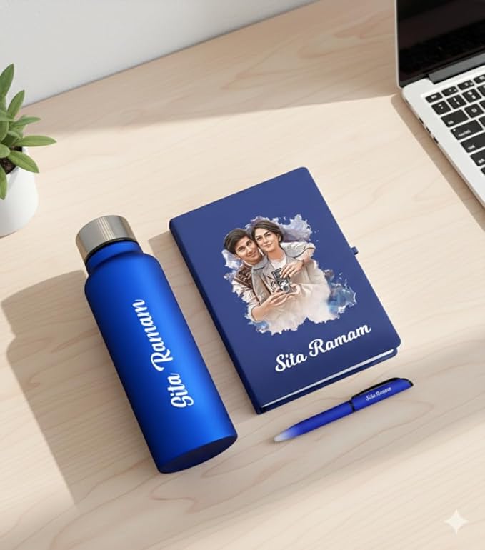 Personalized Gift Set with Custom Name & Photo – Water Bottle, Photo Printed Diary & Pen Combo